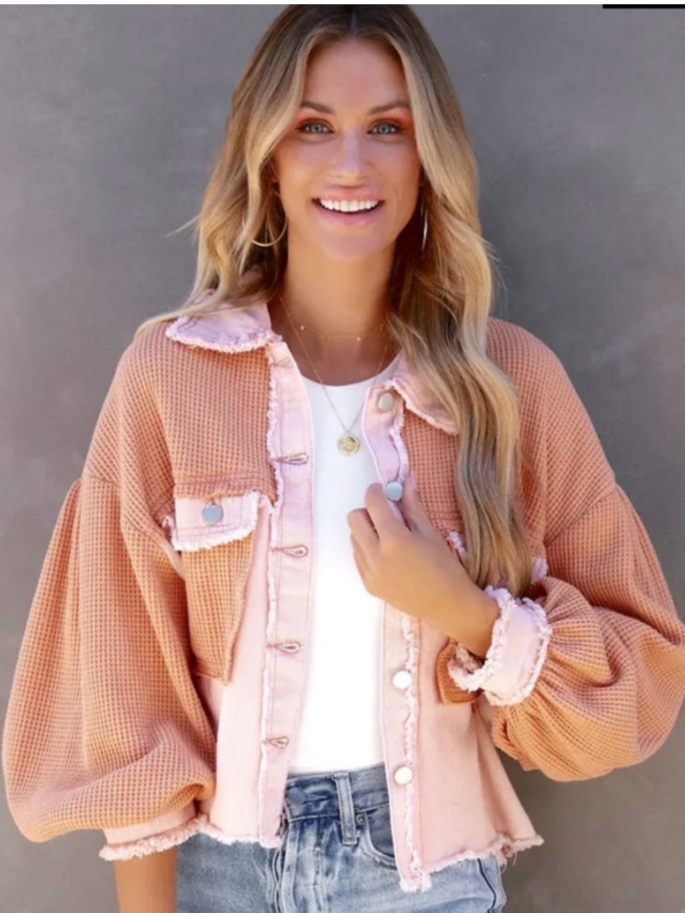 Apricot Lane Peach Waffle Knit Puff Sleeve Jacket